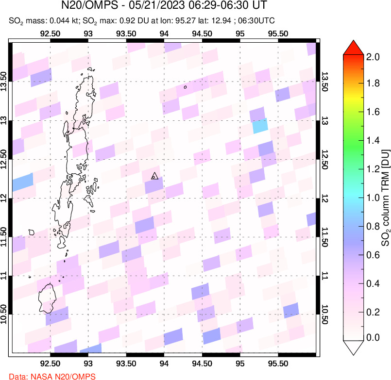 A sulfur dioxide image over Andaman Islands, Indian Ocean on May 21, 2023.