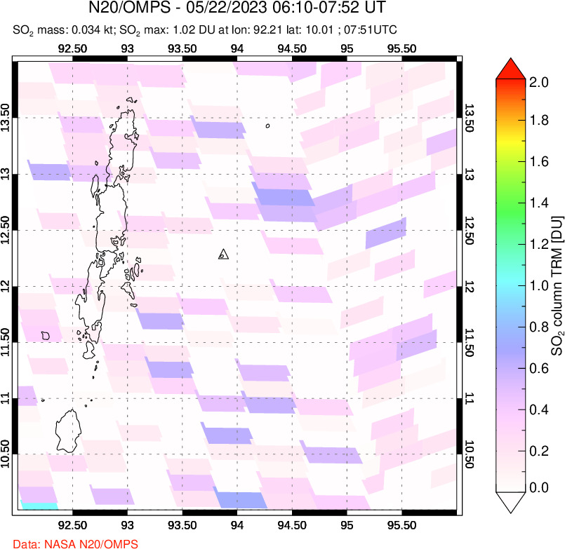 A sulfur dioxide image over Andaman Islands, Indian Ocean on May 22, 2023.