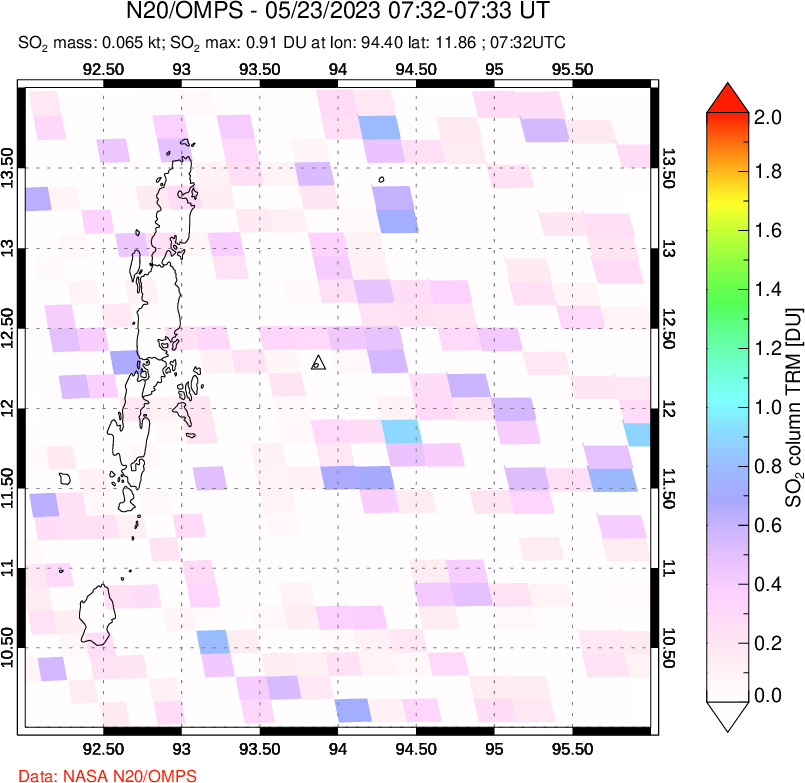 A sulfur dioxide image over Andaman Islands, Indian Ocean on May 23, 2023.