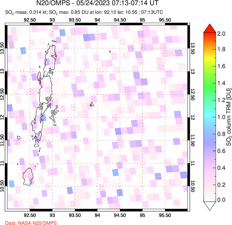 A sulfur dioxide image over Andaman Islands, Indian Ocean on May 24, 2023.