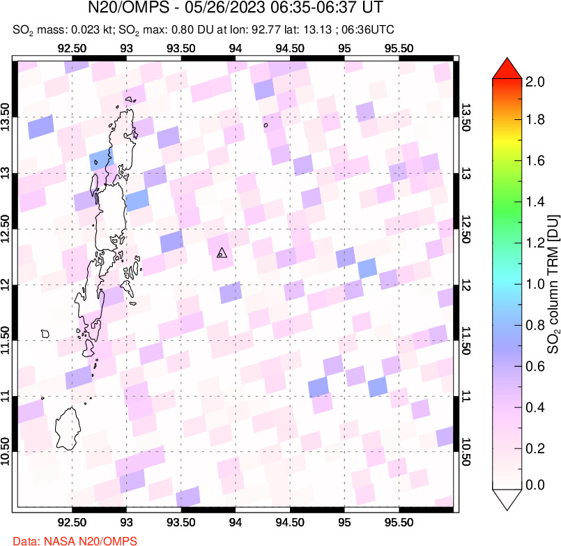 A sulfur dioxide image over Andaman Islands, Indian Ocean on May 26, 2023.