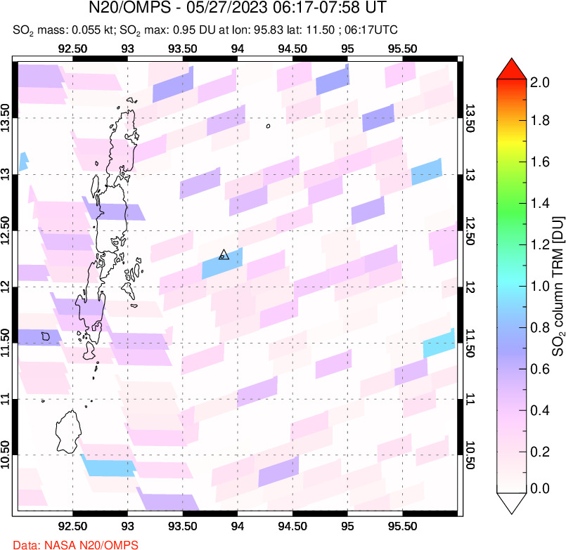 A sulfur dioxide image over Andaman Islands, Indian Ocean on May 27, 2023.