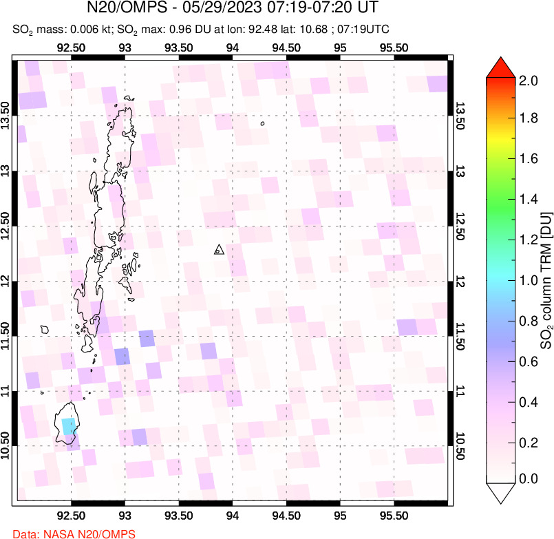 A sulfur dioxide image over Andaman Islands, Indian Ocean on May 29, 2023.