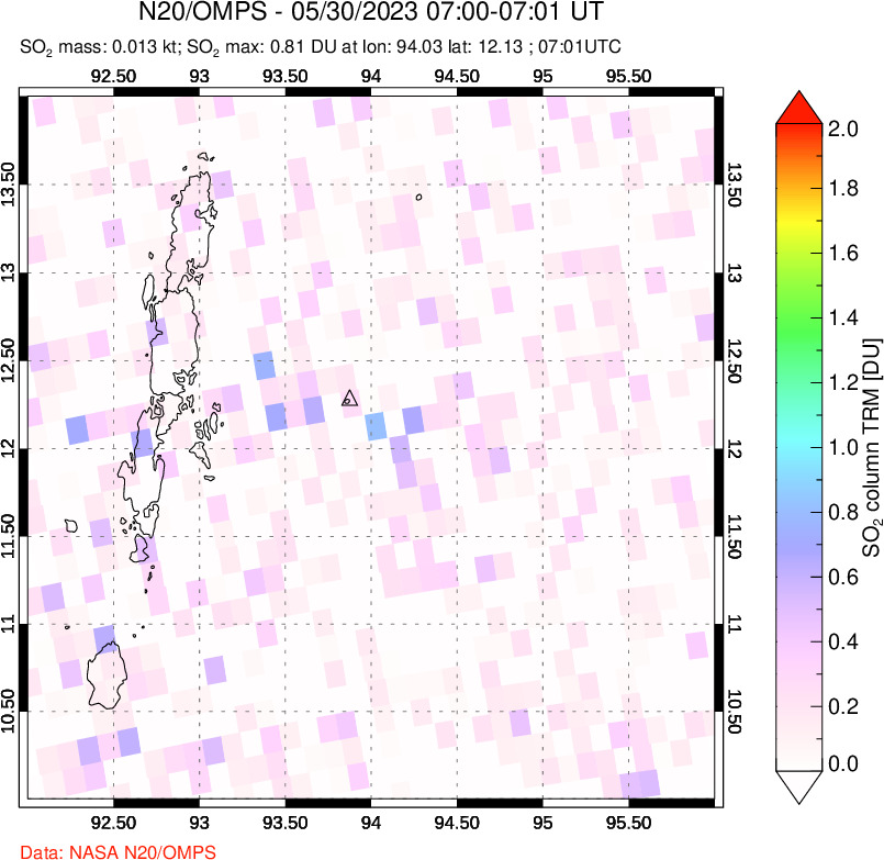 A sulfur dioxide image over Andaman Islands, Indian Ocean on May 30, 2023.