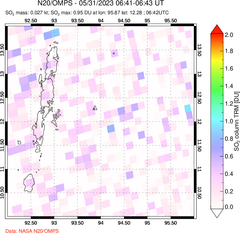 A sulfur dioxide image over Andaman Islands, Indian Ocean on May 31, 2023.