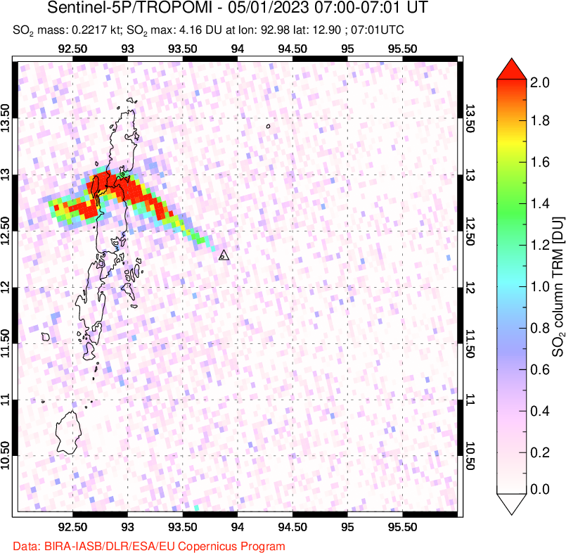 A sulfur dioxide image over Andaman Islands, Indian Ocean on May 01, 2023.