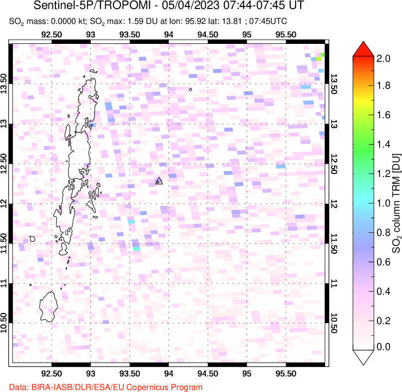 A sulfur dioxide image over Andaman Islands, Indian Ocean on May 04, 2023.