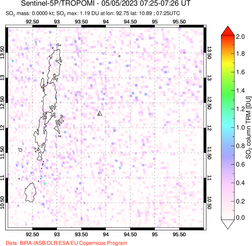 A sulfur dioxide image over Andaman Islands, Indian Ocean on May 05, 2023.