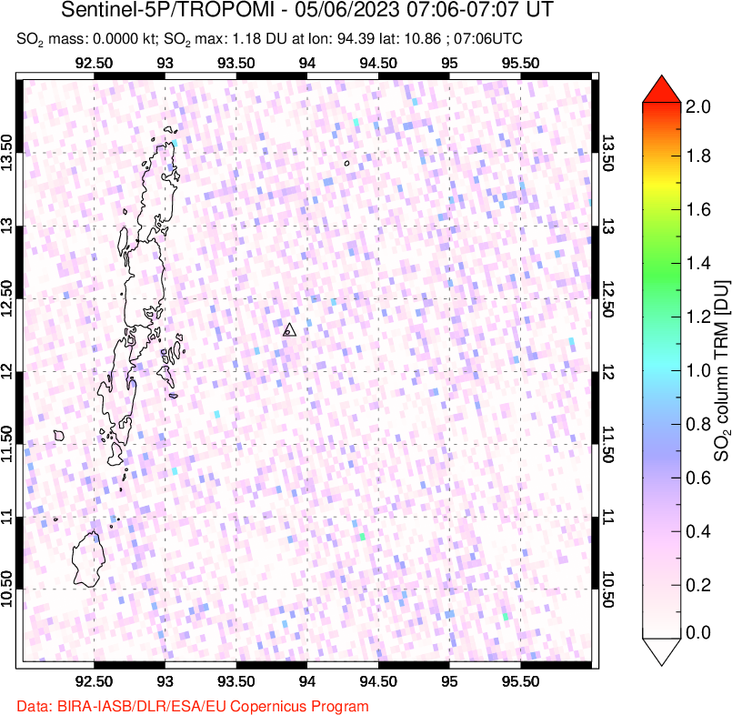 A sulfur dioxide image over Andaman Islands, Indian Ocean on May 06, 2023.