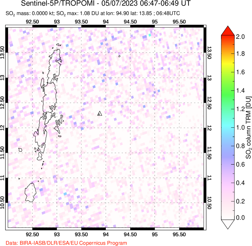 A sulfur dioxide image over Andaman Islands, Indian Ocean on May 07, 2023.