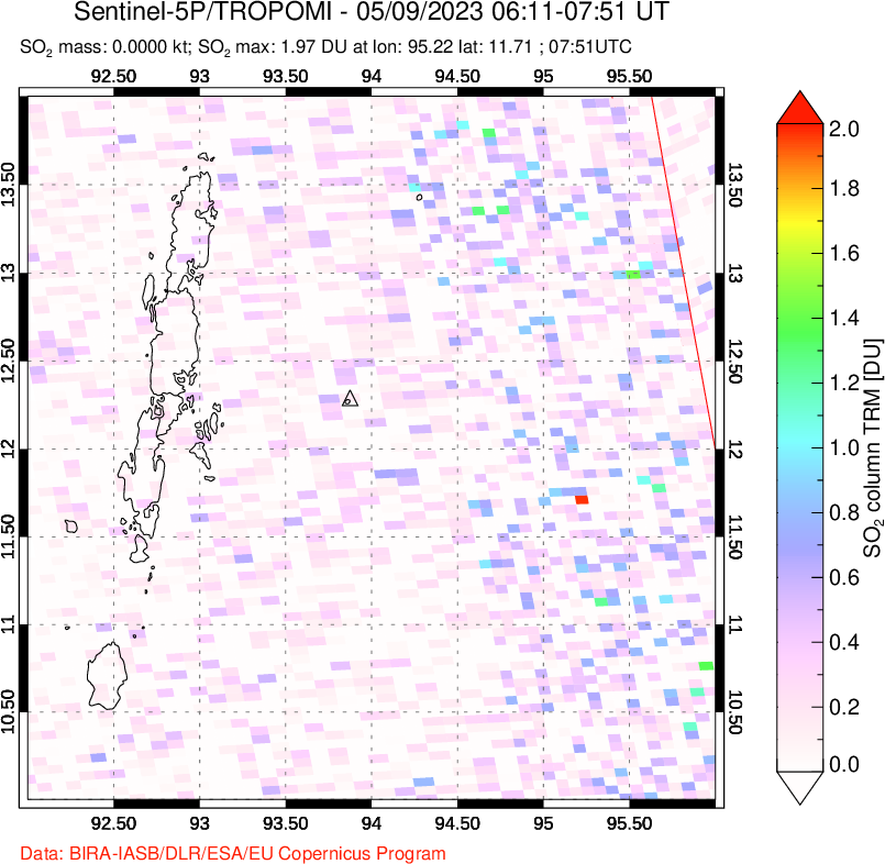 A sulfur dioxide image over Andaman Islands, Indian Ocean on May 09, 2023.