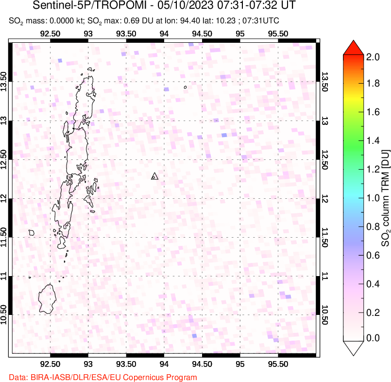 A sulfur dioxide image over Andaman Islands, Indian Ocean on May 10, 2023.