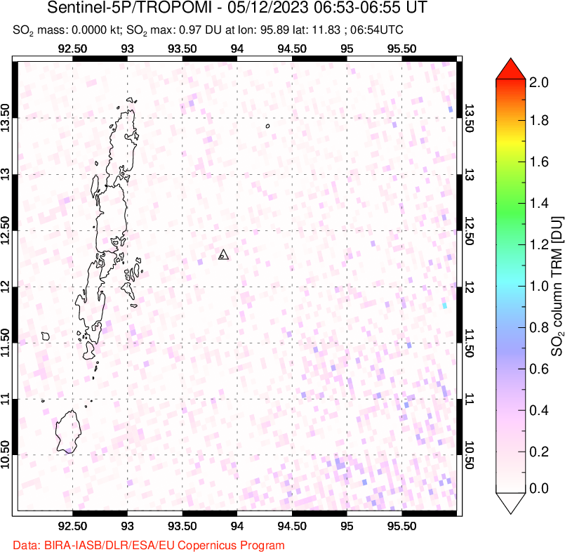 A sulfur dioxide image over Andaman Islands, Indian Ocean on May 12, 2023.