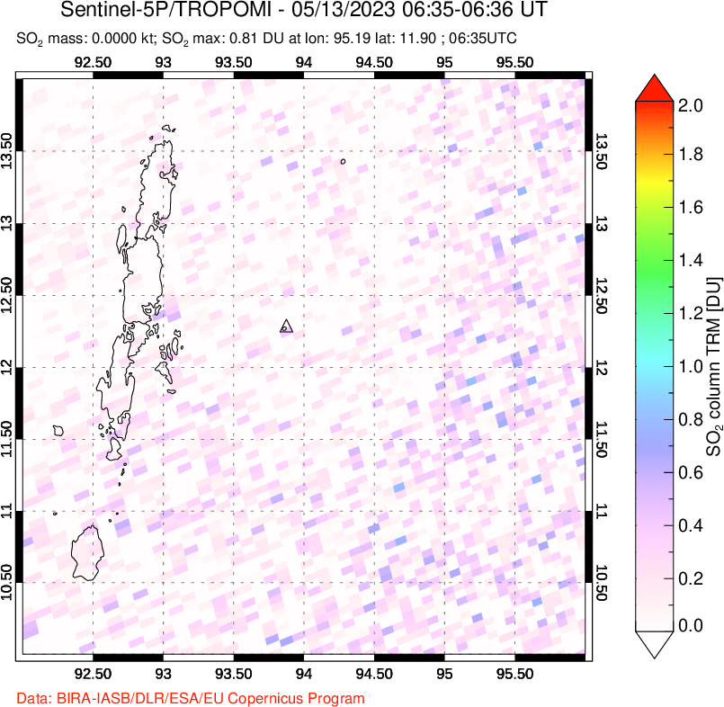 A sulfur dioxide image over Andaman Islands, Indian Ocean on May 13, 2023.