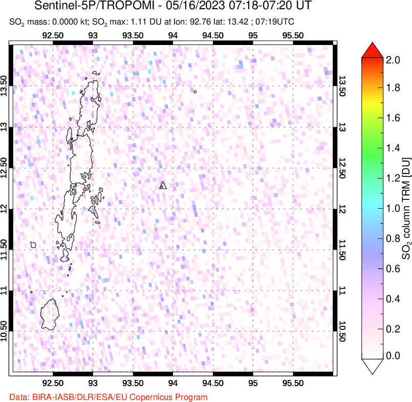 A sulfur dioxide image over Andaman Islands, Indian Ocean on May 16, 2023.