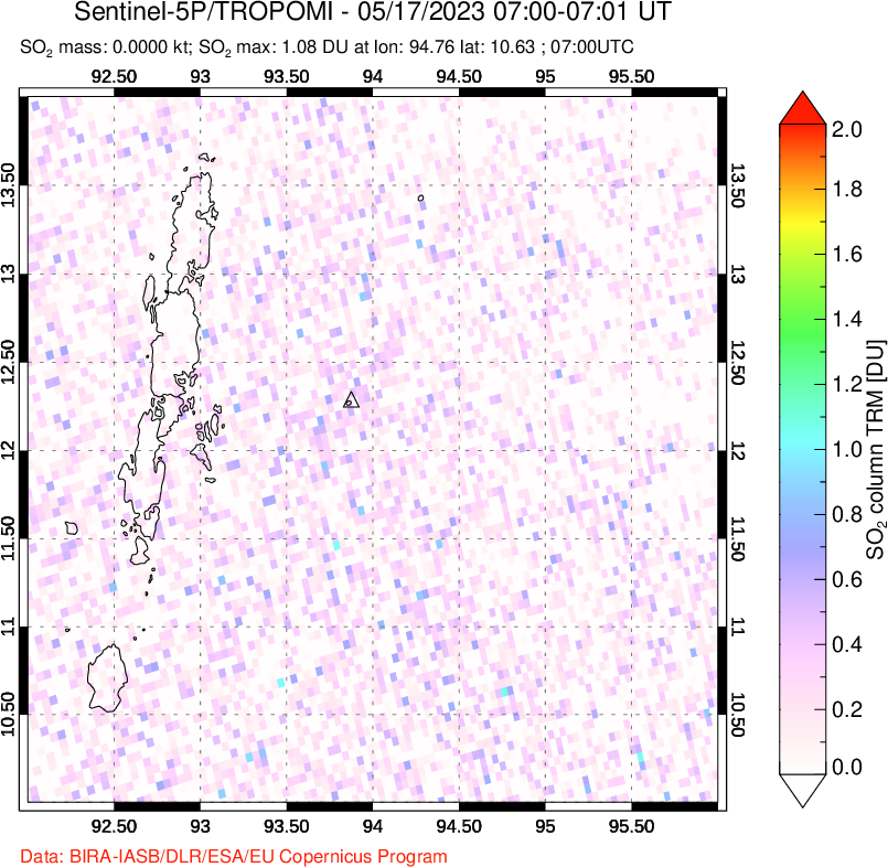 A sulfur dioxide image over Andaman Islands, Indian Ocean on May 17, 2023.