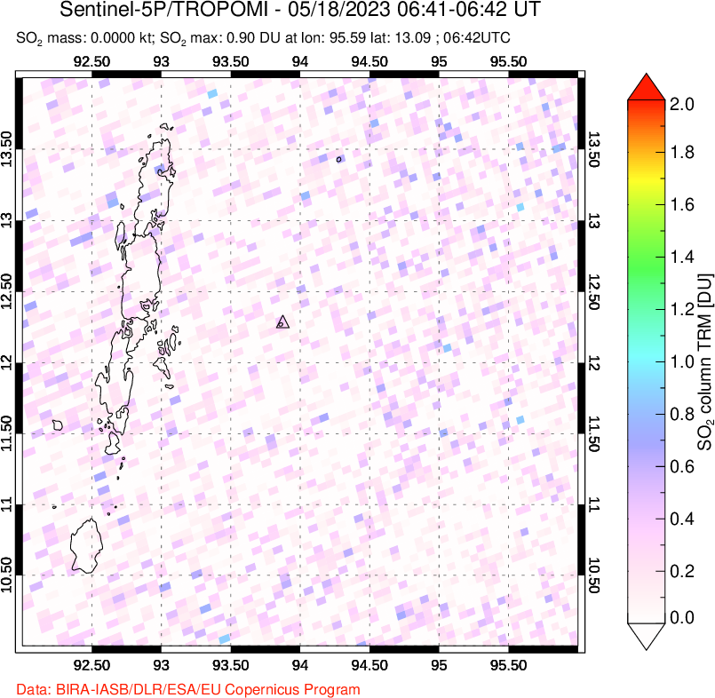 A sulfur dioxide image over Andaman Islands, Indian Ocean on May 18, 2023.
