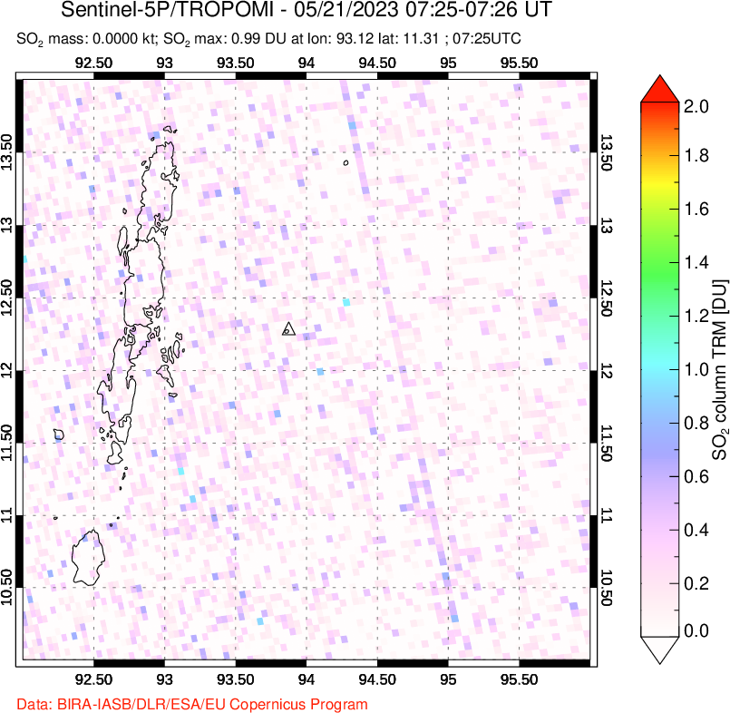 A sulfur dioxide image over Andaman Islands, Indian Ocean on May 21, 2023.