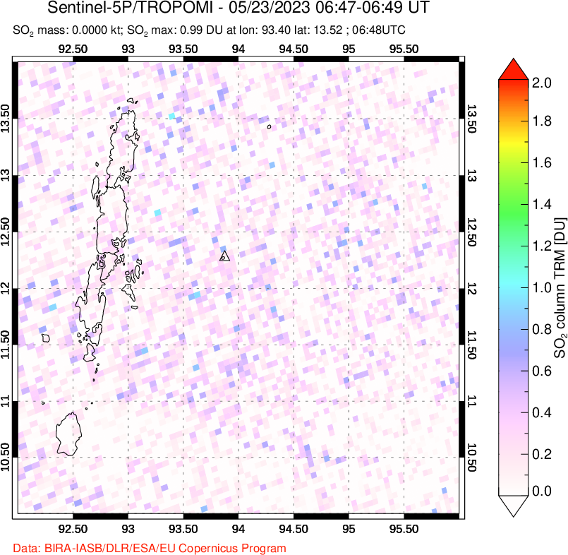 A sulfur dioxide image over Andaman Islands, Indian Ocean on May 23, 2023.