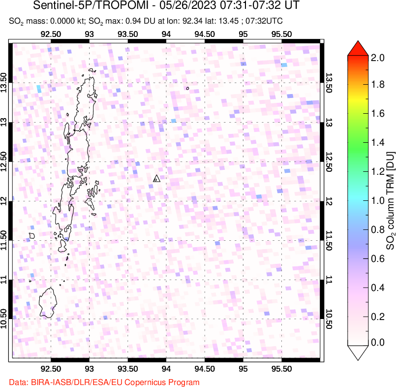 A sulfur dioxide image over Andaman Islands, Indian Ocean on May 26, 2023.