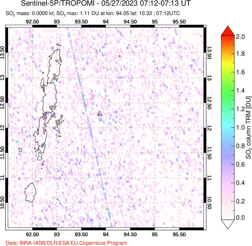 A sulfur dioxide image over Andaman Islands, Indian Ocean on May 27, 2023.