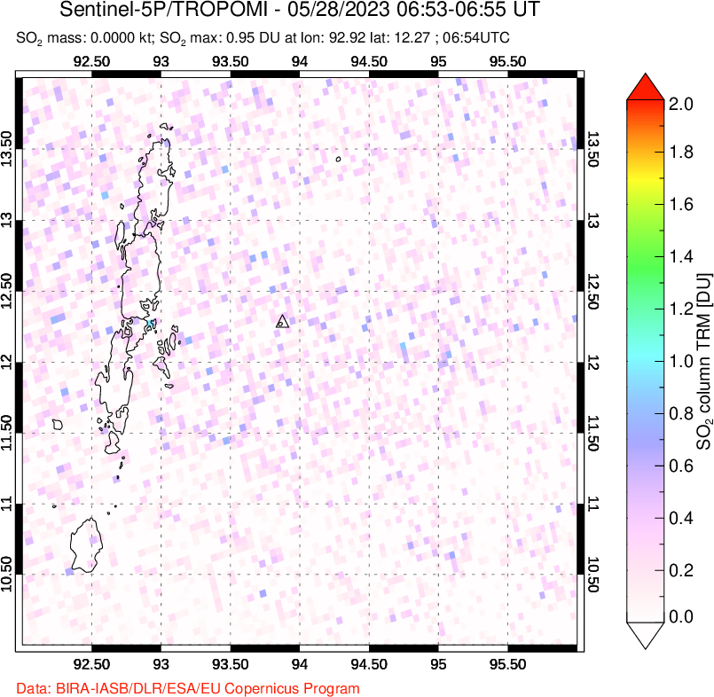 A sulfur dioxide image over Andaman Islands, Indian Ocean on May 28, 2023.