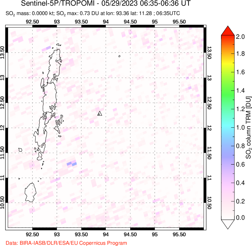 A sulfur dioxide image over Andaman Islands, Indian Ocean on May 29, 2023.