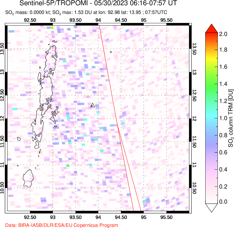 A sulfur dioxide image over Andaman Islands, Indian Ocean on May 30, 2023.