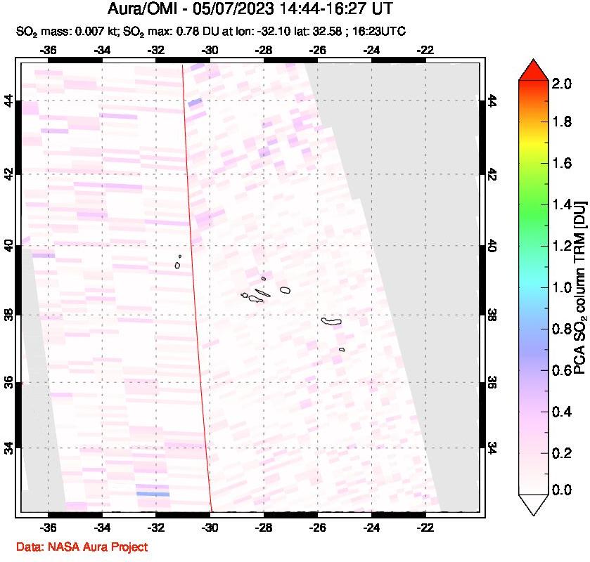 A sulfur dioxide image over Azore Islands, Portugal on May 07, 2023.