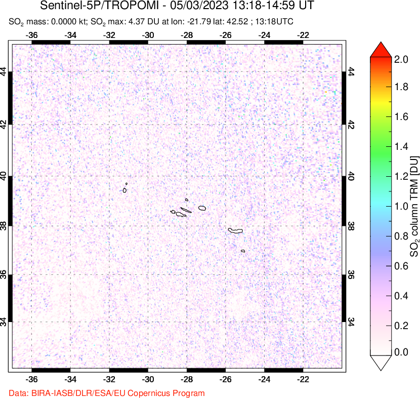 A sulfur dioxide image over Azore Islands, Portugal on May 03, 2023.
