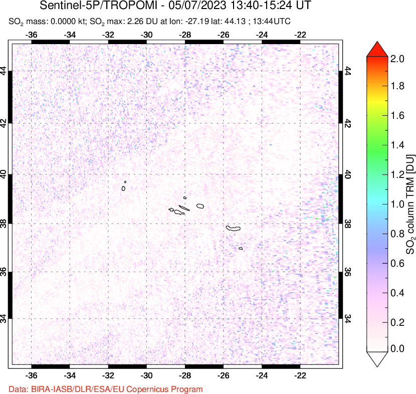A sulfur dioxide image over Azore Islands, Portugal on May 07, 2023.