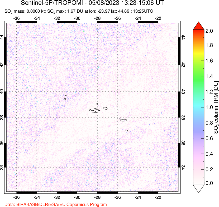 A sulfur dioxide image over Azore Islands, Portugal on May 08, 2023.