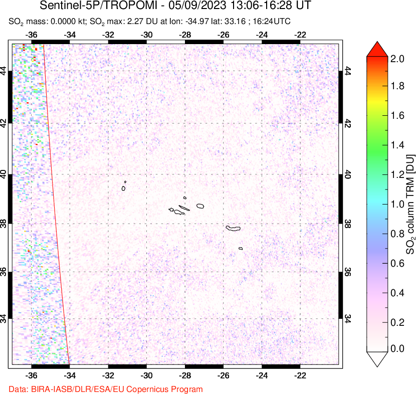 A sulfur dioxide image over Azore Islands, Portugal on May 09, 2023.