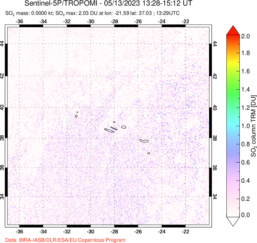 A sulfur dioxide image over Azore Islands, Portugal on May 13, 2023.