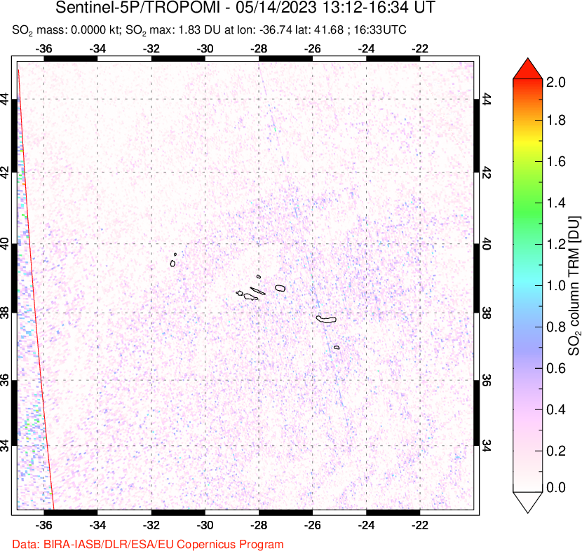 A sulfur dioxide image over Azore Islands, Portugal on May 14, 2023.
