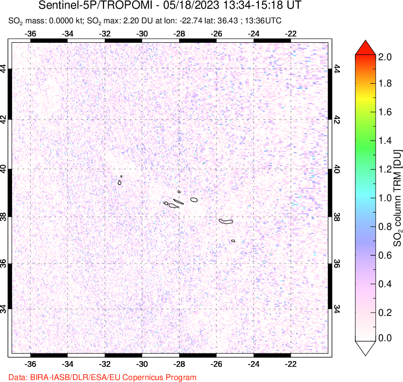 A sulfur dioxide image over Azore Islands, Portugal on May 18, 2023.