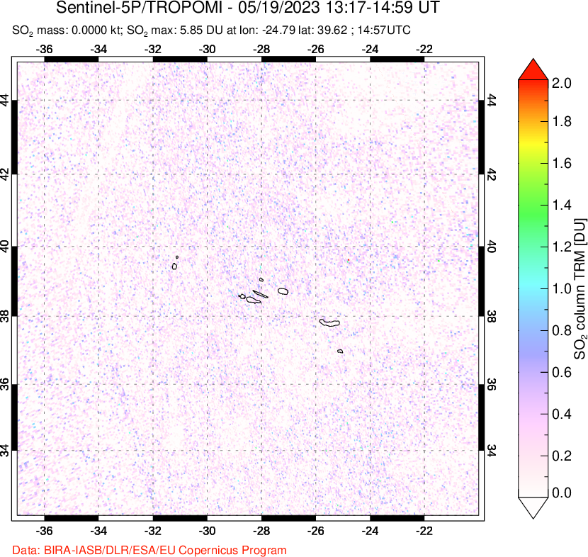 A sulfur dioxide image over Azore Islands, Portugal on May 19, 2023.