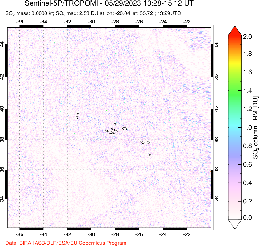 A sulfur dioxide image over Azore Islands, Portugal on May 29, 2023.