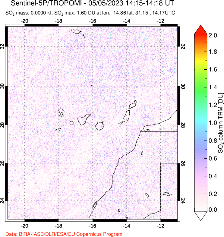 A sulfur dioxide image over Canary Islands on May 05, 2023.