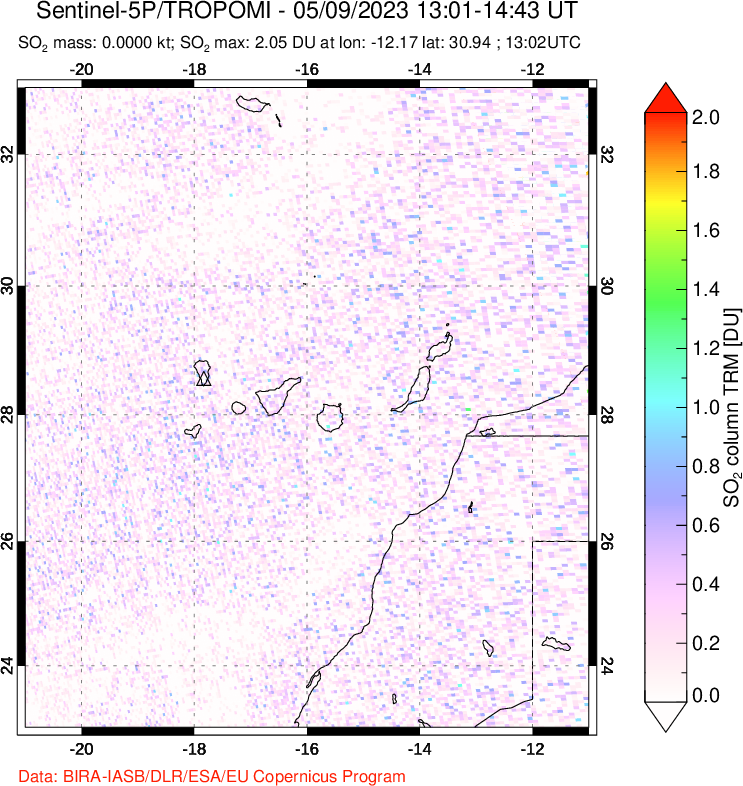 A sulfur dioxide image over Canary Islands on May 09, 2023.