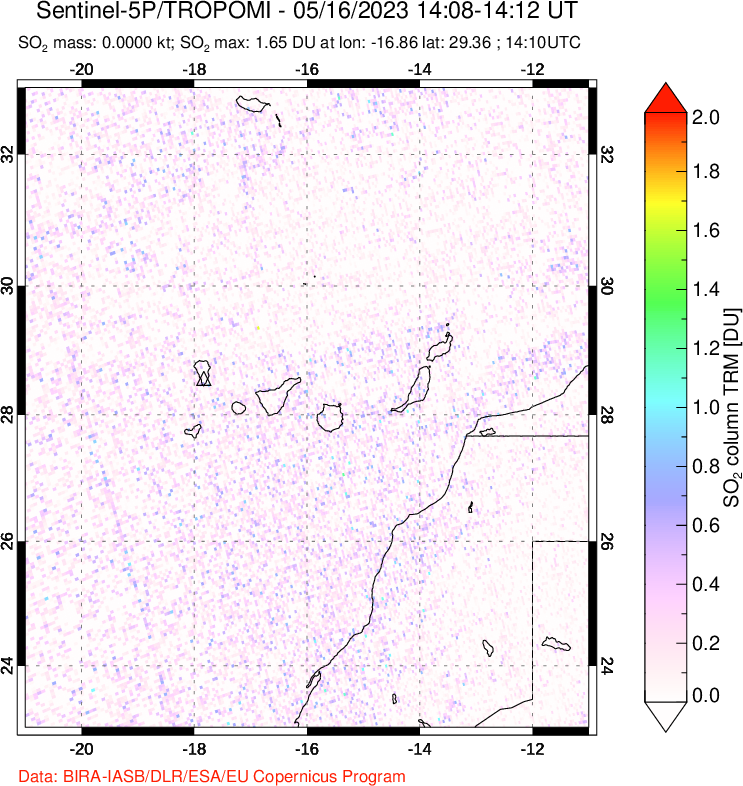 A sulfur dioxide image over Canary Islands on May 16, 2023.