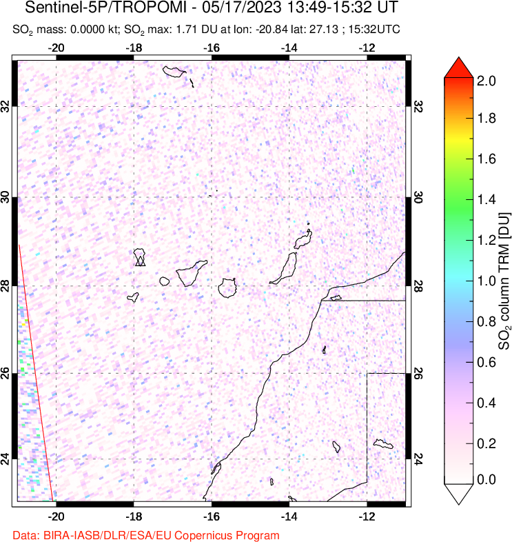 A sulfur dioxide image over Canary Islands on May 17, 2023.