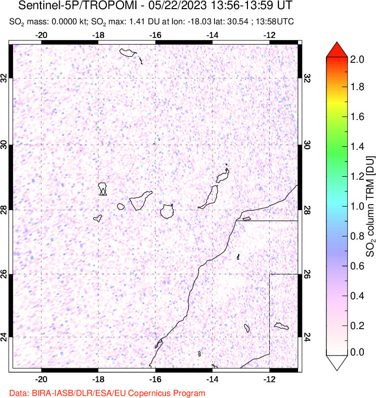 A sulfur dioxide image over Canary Islands on May 22, 2023.