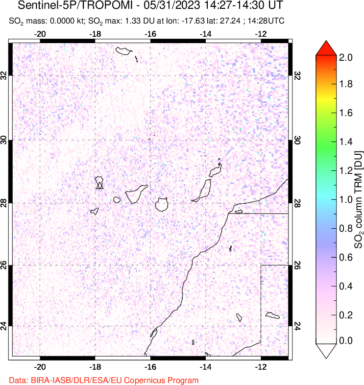 A sulfur dioxide image over Canary Islands on May 31, 2023.