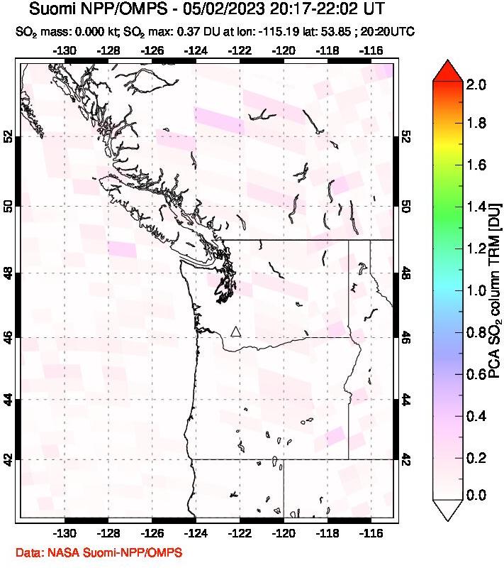 A sulfur dioxide image over Cascade Range, USA on May 02, 2023.