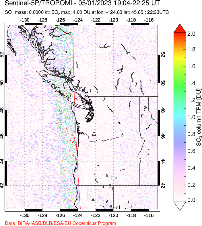 A sulfur dioxide image over Cascade Range, USA on May 01, 2023.
