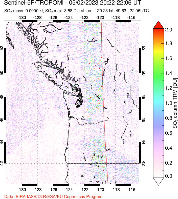 A sulfur dioxide image over Cascade Range, USA on May 02, 2023.