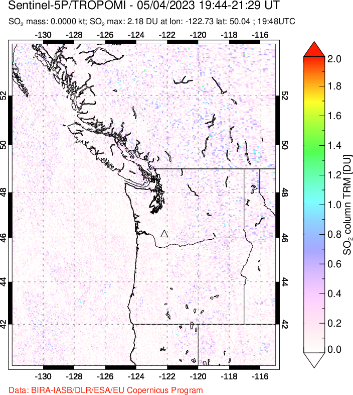 A sulfur dioxide image over Cascade Range, USA on May 04, 2023.