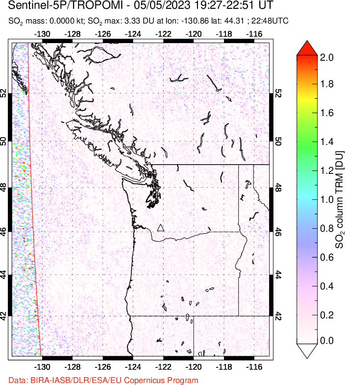 A sulfur dioxide image over Cascade Range, USA on May 05, 2023.