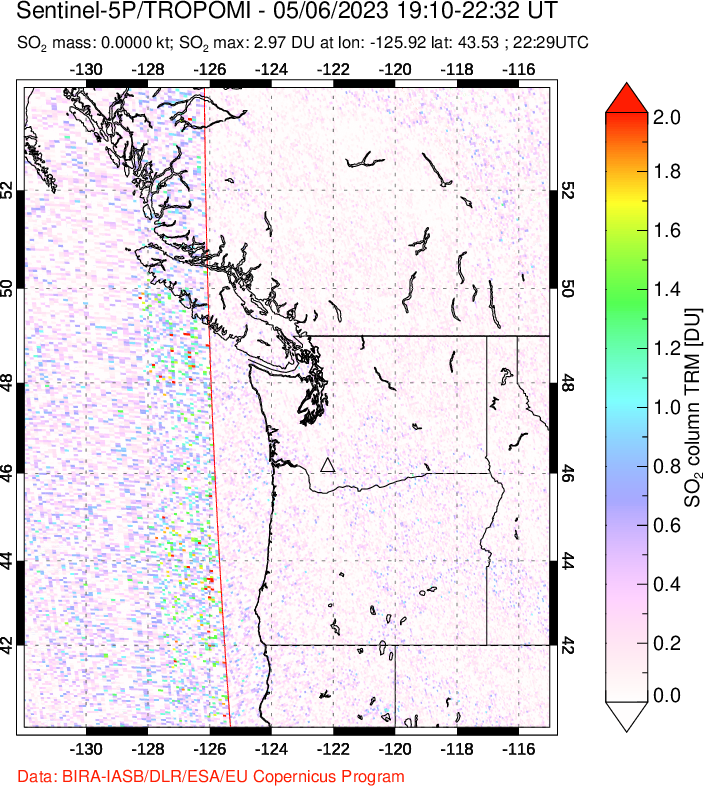 A sulfur dioxide image over Cascade Range, USA on May 06, 2023.